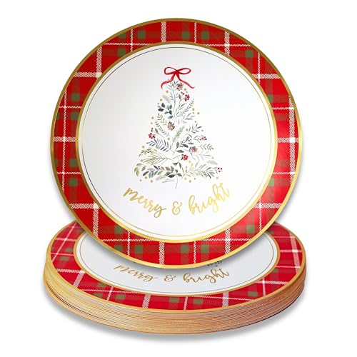 Kate Aspen 13" Disposable Holiday Placemats/Chargers, 24-Pack – Spillproof & Durable Merry & Bright Christmas Tree Design & Festive Red & Green Plaid Border