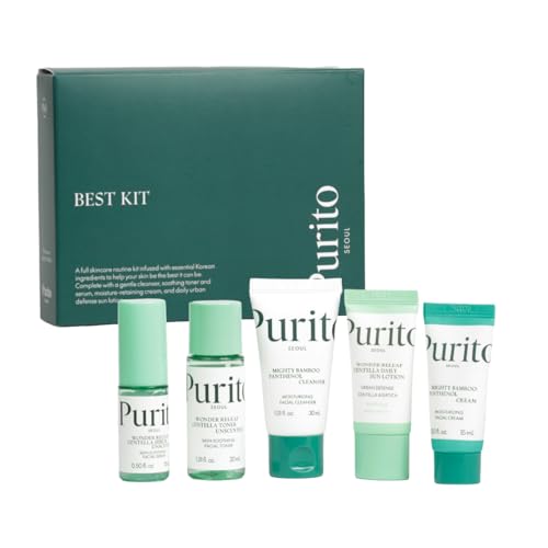 PURITO SEOUL Best Kit - Skincare Routine with Panthenol Cleanser & Cream, Unscented Centella Serum & Toner, For All Skin Types, Gift Set, For Face, Facial Serum, K-Beauty, 3.52 fl. oz.