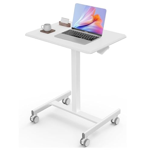 Sweetcrispy Mobile Small Standing Desk - Sit Stand Portable Rolling Laptop Desk with Lockable Wheels, Adjustable Height Computer Workstations, White