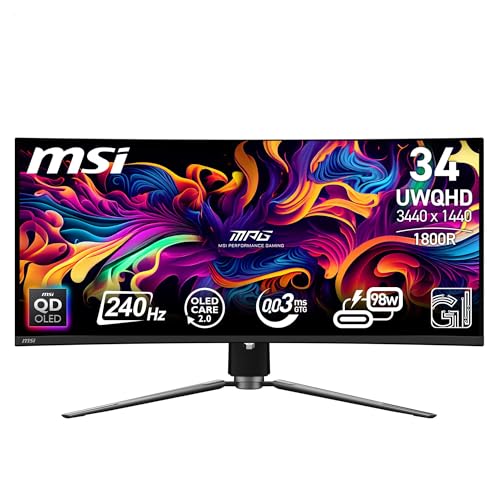 MSI MPG 341CQPX QD-OLED 34 Inch 2K UWQHD Curved Gaming Monitor - 3440 x 1440(21:9) QD-OLED Panel, 240Hz / 0.03ms, 99.3% DCI-P3, ΔE≤2, DisplayHDR True 