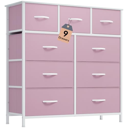 DWVO Dresser with 9 Drawers, Fabric Storage Dresser, Closet Chest of Drawers for Living Room, Closets - Sturdy Steel Frame, Wooden Top & Easy Pull Fabric Bins (Pink)