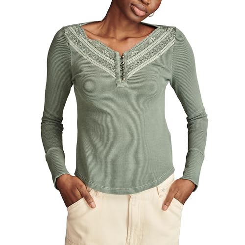 Lucky Brand Women's Embroidered Mesh Yoke Henley, Balsam Green