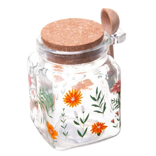 LYOR - Porta Mantimento Quadrado de Vidro com Tampa e Colher de Bambu Flora 270ml - Organização de Alimentos
