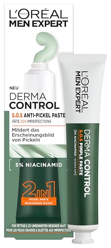 🔥 STARKER PREIS (-49%) L'Oréal Men Expert S.O.S 2in1 Pickelpaste für Männer, Auch als Gesichtsmaske für unreine & zu Akne neigende Haut, Anti-Pickel Gesichtsreinigung für Herren mit 5% Niacinamide, Derma Control, 1 x 45 ml