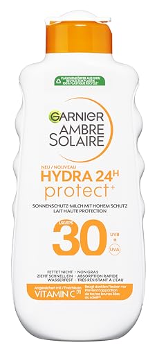 (-34%) Garnier Ambre Solaire Hydra Protect+ 24h Sonnenschutz-Milch LSF 30 – Sonnencreme mit Vitamin C gegen dunkle Flecken – 24h Feuchtigkeit & wasserfester UV-Schutz – Für Gesicht & Körper - 175ml