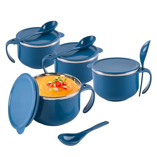 Kuber Industries Pack of 4 Airtight-Lid 600ml Stainless Steel Soup Bowl with Spoon & Holder | Leakproof Food Container for Noodles Pasta & Milk | Magg