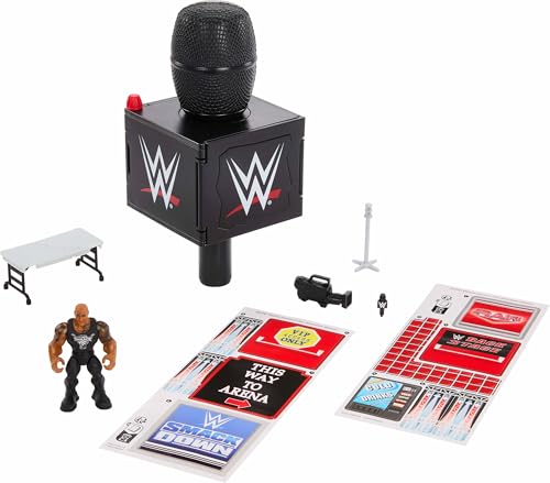 Mattel WWE Knuckle Crunchers 2-in-1 Microphone & Playset with Action Figure & 2 Accessories, Final Boss Set with 3.25-inch The Rock