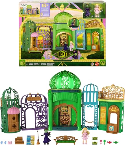 Mattel Universal Pictures’ Wicked Emerald City Playset with Glinda & Elphaba Small Dolls, 5 Play Spaces & 15 Accessories, Inspired by The Movie