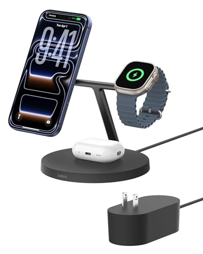 Belkin MagSafe-Compatible Charger, 3-in-1 Wireless Charging Station, Qi2-Certified 15W Wireless Charge for Apple iPhone 17 Series, Apple Watch, AirPods w/Non-Slip Base, 40W Included - Black