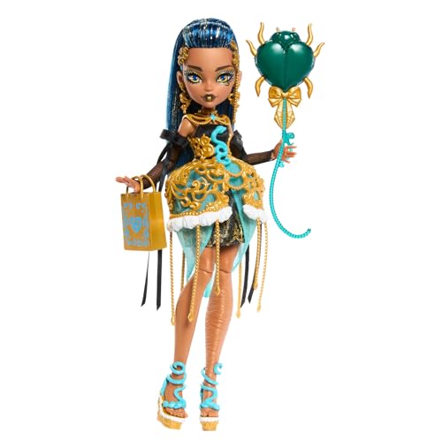 Monster High Scary Sweet Birthday Doll, Cleo De Nile in Golden Party Dress with Themed Accessories like Invite, Balloon, Gift, Lipstick and More, JBG76