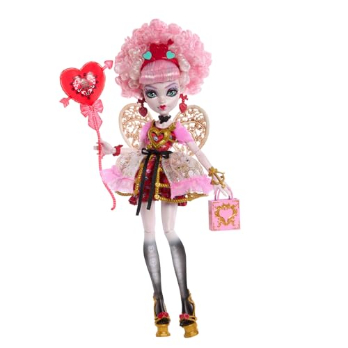 Monster High Scary Sweet Birthday Doll, Cupid Asteria in Pink and Red Party Dress with Themed Accessories Like Invite, Balloon, Gift and More