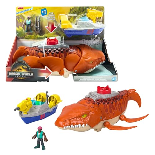 Fisher-Price Imaginext Jurassic World Rebirth Aquachomp Chase Mosasaurus 18-inch Dinosaur Toy with 3-inch Action Figure, Launcher Boat & 2 Projectiles