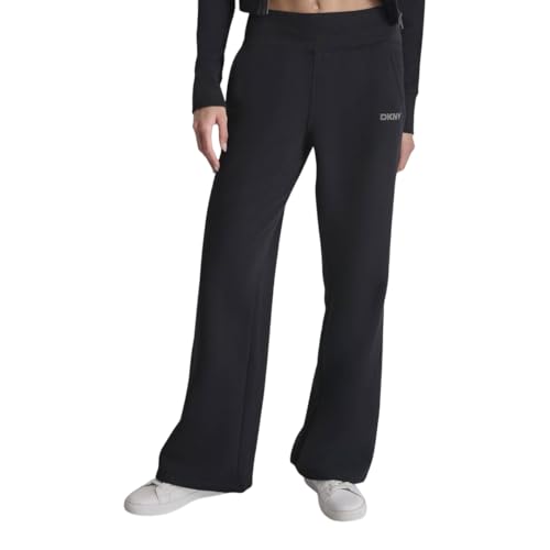 DKNY Women's Studded Mini Logo Wide Leg Fleece Sweatpant, Black, Small