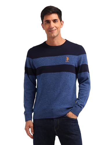 Mens Blue Colour Blocked Crewneck Longsleeve Casual Wool RegularFit Sweater