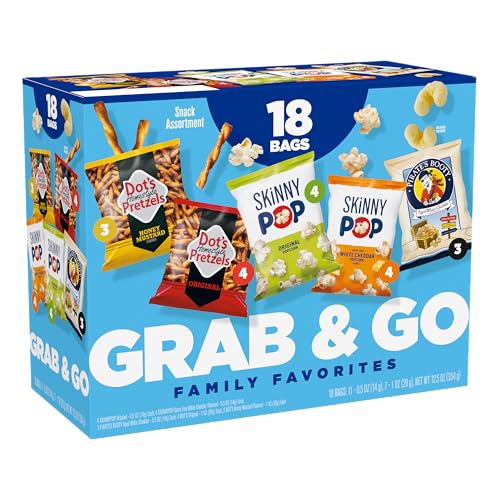 SkinnyPop Family Favorites Variety Pack, SkinnyPop Original and White Cheddar Popcorn, Dot's Original and Honey Mustard Pretzels, Pirate's Booty, On-the-Go Snacks, 0.5oz and 1oz Bags (18 Count)