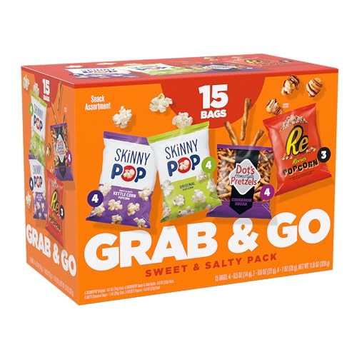 SkinnyPop Sweet & Salty Variety Pack, SkinnyPop Original and Kettle Corn, Dot's Cinnamon Sugar Pretzels, Reese's Popcorn, On-the-Go Snacks, Individually Sized Bags, (15 Count)