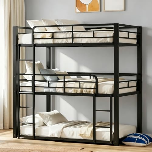 Mixcous Heavy Duty Triple Bunk Bed, Twin-Size Metal Bunkbeds with Ladder, Family-Friendly for All Ages, Bedroom, No Box Spring Needed, Easy Assembly, Black