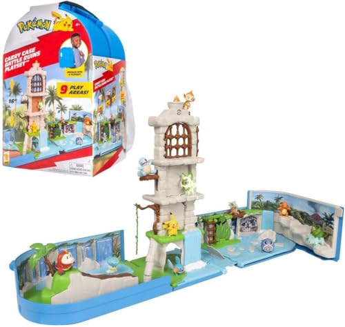 Jazwares Pokemon Carry Case Battle Ruins Playset - Portable Transforming Backpack Playset with Action Features and 2-inch Pikachu Battle Figure