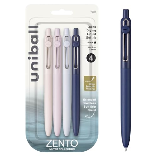 uni-ball Zento Gel Ink Rollerball Pens, 4 Black Medium Point Smooth Writing Pens, Colored Japanese Pens, Muted Colors