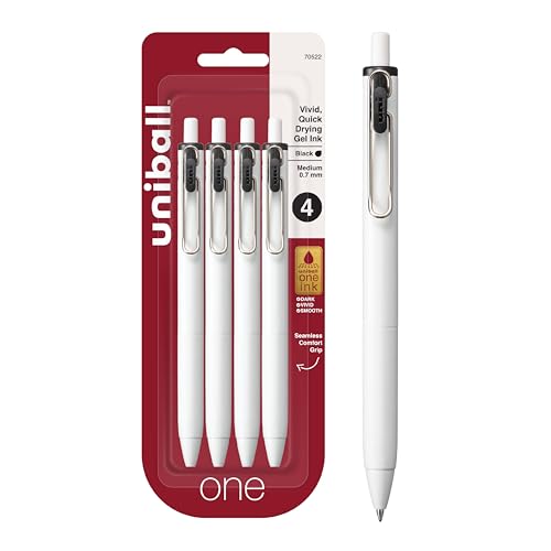 Uniball One Black Retractable Gel Pens 4 Pack with Medium Points, Uni-Ball Click Pens are Fraud Proof and the Best Office Pens, Nursing Pens, Business Pens, School Pens, and Bible Pens