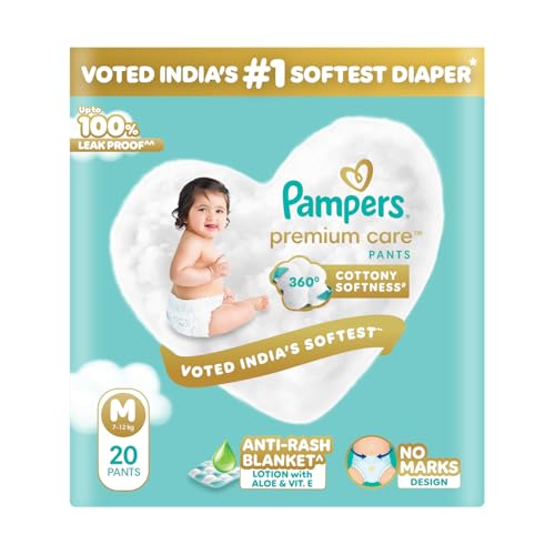 Pampers Premium Care Pant Style Baby Diapers M 20 Count | No Marks Design | Voted India’s #1 Softest Diaper | All in 1 diaper with 360 Cottony Softnes