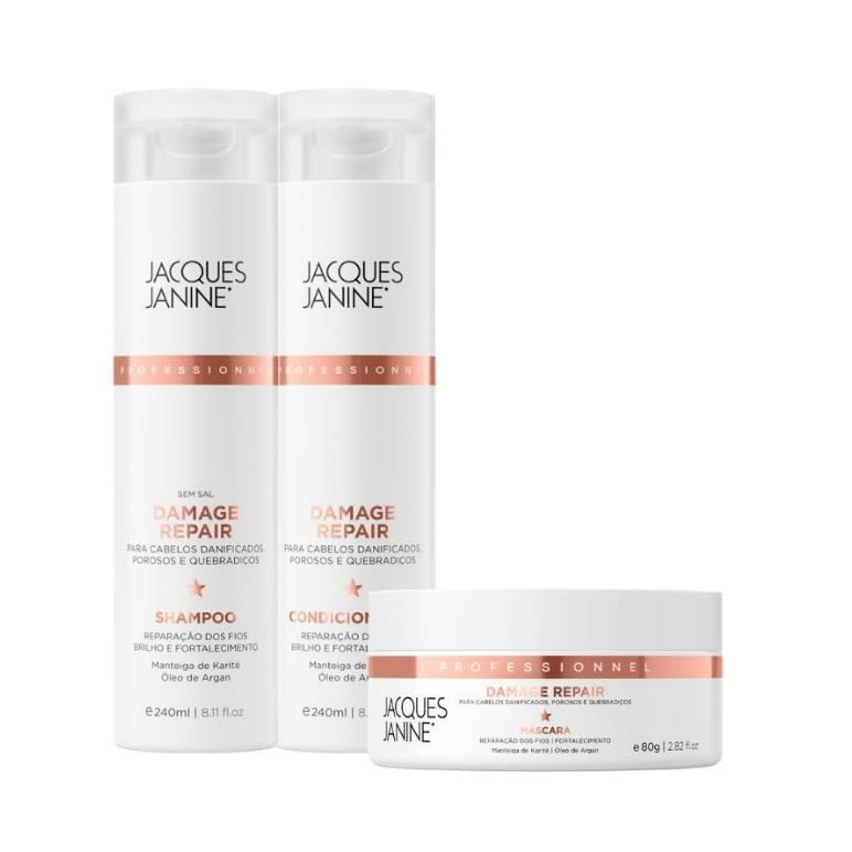 Kit Capilar Jacques Janine Damage Repair, 3 Unidades | Shampoo 240ml, Condicionador 240ml, Máscara 80g