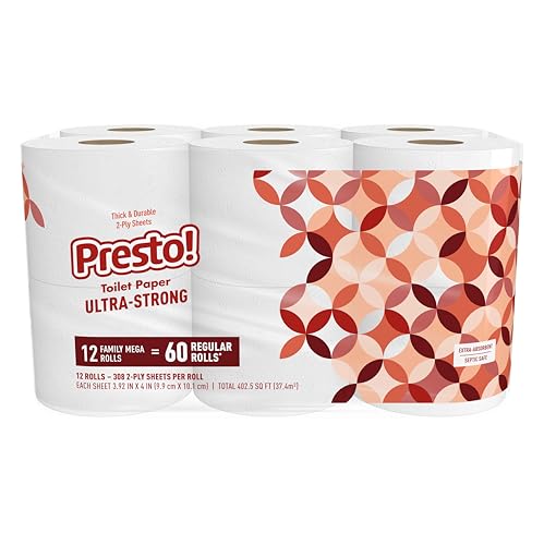 Amazon Brand - Presto! 2-Ply Ultra-Strong Toilet Paper, 12 Mega Rolls Toilet Paper = 60 regular rolls, 308 Sheet (Pack of 12), Unscented