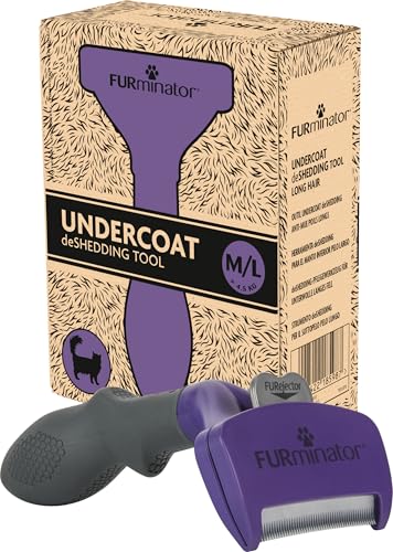 FURminator deShedding Tool talla M-L con peine de acero curvado y mango ergonómico amarillo y negro