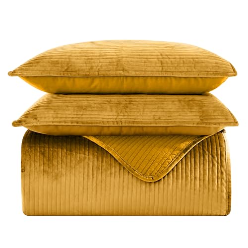 Elegant Comfort Luxury 3-Piece Velvet Corduroy Stripe Quilt Set, Ultra Soft Bedspread - Cozy Velvet Coverlet Set - 3PC Medium Weight Quilted Set with Matching Pillow Shams, Queen, Gold