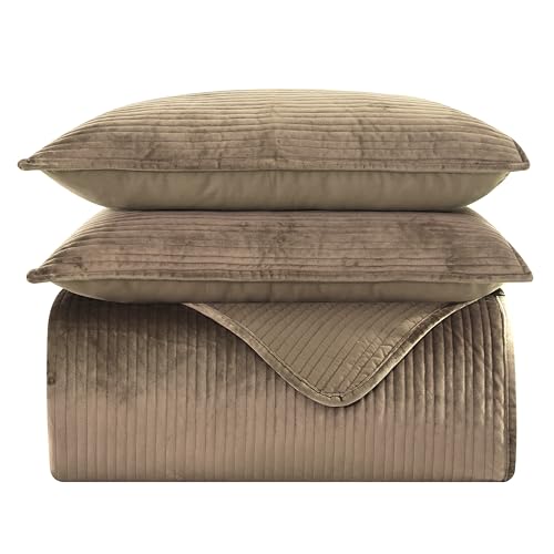 Elegant Comfort Luxury 3-Piece Velvet Corduroy Stripe Quilt Set, Ultra Soft Bedspread - Cozy Velvet Coverlet Set - 3PC Medium Weight Quilted Set with Matching Pillow Shams, Twin, Khaki