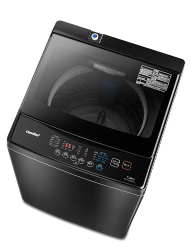 COMFEE' 洗濯機 5.5kg 1-3人用 全自動洗濯機 ステンレス槽 風乾燥 予約機能 部屋干し ガラスドア コンパクト 家電 節水 静音設計 省スペース 槽洗浄 透明ドア 黒 金属グレーCAC06EW55/T-S1 2