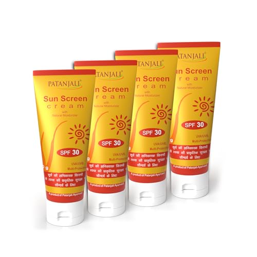 Patanjali Sunscreen Cream SPF 30, for Sun Protection with Natural Ingredients for All Skin Types 50g (50gx4) - Pack of 4