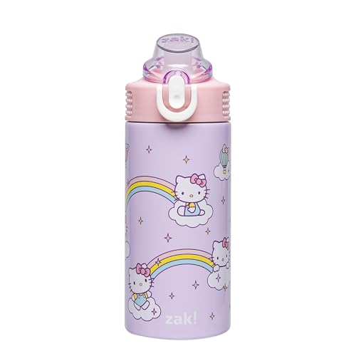 Zak Designs Sanrio Sage Kids Water Bottle For School or Travel, 14oz Stainless Steel Water Bottle With Straw, Handle, and Leak-Proof, Pop-Up Spout Cover (Hello Kitty)