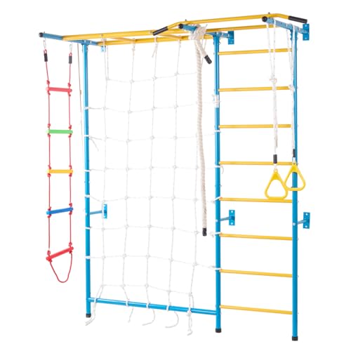 VEVOR Indoor Jungle Gym for Toddlers, 7-in-1 Climbing Playset with Carbon Steel Swedish Ladder, Wall Ladder, Pull-Up Bar, Rope Ladder, and Gymnastic Rings, Supports 220 lbs, Multicolor