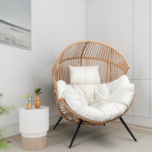 Shintenchi Wicker Egg Chair Outdoor Rattan Patio Chair with Cushion,Oversized Patio Lounge Chairs with Cushion Egg Basket Chair, Egg Seat for Indoor Living Room Bedroom Outside Patio Backyard Balcony