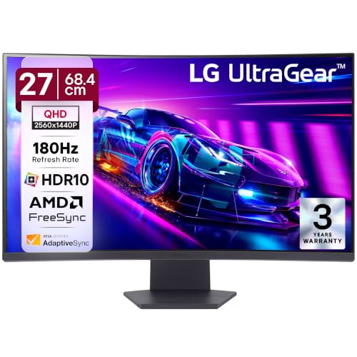 LG 27GS60QC 68.4cm (27 Inch) Ultragear Curved (1000R) QHD (2560x1440) Gaming Monitor, 180Hz, 1ms, 3-Side Virtually Borderless, Anti-Glare, DP, HDMI X 