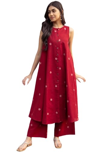 Women's Cotton Printed Maroon Hand-Print Kurta Set|A-Line Kurta With Palazzo|Co-Ord Set|Ethnic & Stylish Two Piece Dress|Casual & Office Wear Coord Se