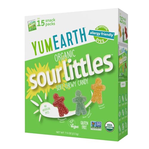 YumEarth Organic Sour Littles Chewy Candy - Allergy Friendly (Top 9 Free), No Artificial Dyes or Flavors, Non GMO, Gluten Free, Vegan Candy Snacks - 15 Count Box