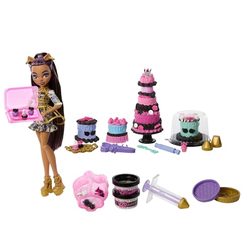 Monster High Scary Sweet Birthday Cake Kit with Clawdeen Wolf Doll, Cake Decorating Playset with 20+ Accessories Like Eerie Icing, Pipette, and More