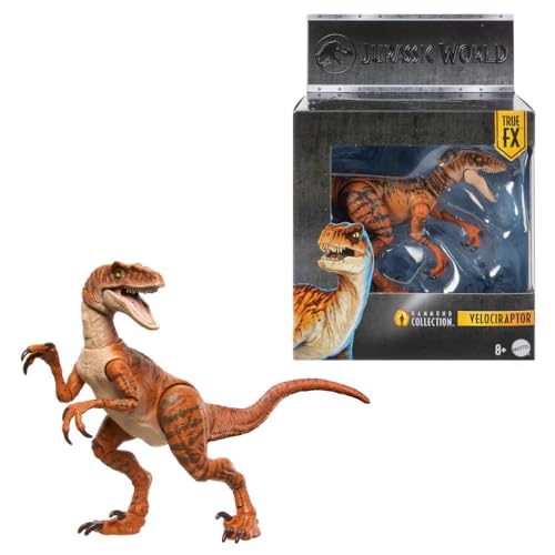 Mattel Jurassic World Hammond Collection Dinosaur Action Figure Toy, Atrociraptor Tiger, Premium Movie Design Glass Eyes & 13 Points Articulation