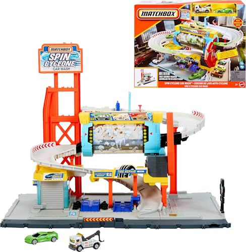 Matchbox Toy Car Track Set, Spin Cyclone Car Wash Playset with 1:64 Scale Corvette & Tow Truck, Features Spinning Wash Tunnel, Tune-Up Shop & Parking