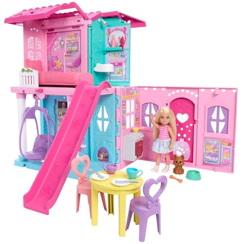 Barbie Chelsea Toy Dollhouse with 15+ Accessories, Pop-Up House Expands to 17+ x 13+ inches with 5 Play Areas & Slide, Includes Small Doll & Pet Dog