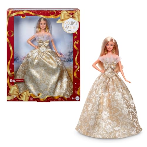 Barbie Signature 2025 Holiday Blonde Fashion Doll Wearing Silver & Gold Gown, Seasonal Collector in Displayable Packaging & Stand