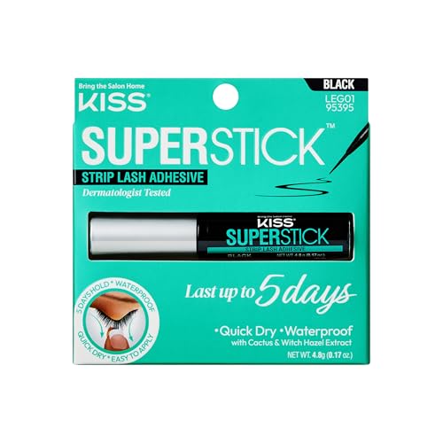 KISS Super Stick 5-Day Extended Wear Strip Lash Adhesive, Quick Drying Lash Glue, Witch Hazel & Cactus Extract Infused, Brush Applicator, Net Wt. 4.8g (0.17 oz.), Black