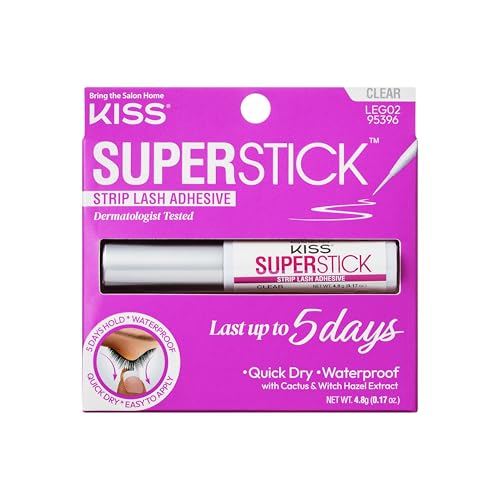 KISS Super Stick 5-Day Extended Wear Strip Lash Adhesive, Quick Drying Lash Glue, Witch Hazel & Cactus Extract Infused, Brush Applicator, Net Wt. 4.8g (0.17 oz.), Clear