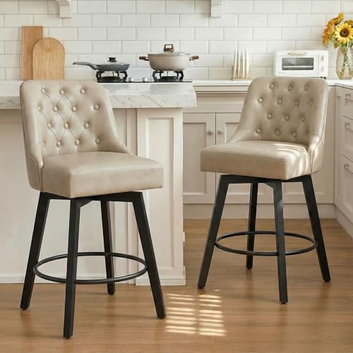 KISLOT Counter Height Swivel Barstools with Back,26" H Seat Height Upholstered Bar Stools for Kitchen Island,Set of 2,Beige Leather