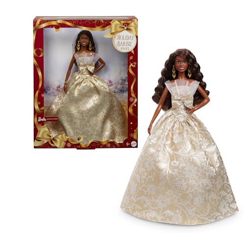 Barbie Signature 2025 Holiday Black Hair Fashion Doll Wearing Silver & Gold Gown, Seasonal Collector in Displayable Packaging & Stand
