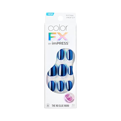 KISS colorFX by imPRESS Press On Nails , ‘Reconnect’, Solid Blue with Pearlescent Finish, Short Oval, IMPROVED adhesive, Includes 30 Fake Nails, Prep Pad, 1 Manicure Stick, 1 Mini Nail File