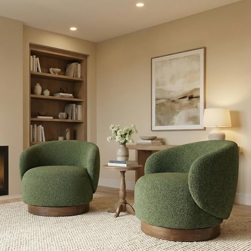KISLOT Swivel Accent Chair Round Barrel Armchair Upholstered Performance Fabric for Living Room Bedroom Waitingroom,2 Box,Moss Green