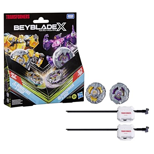 Beyblade X and Transformers Collab, Bumblebee 3-60GP vs. Shockwave 5-80O, 2 Takara Tomy Tops, 2 Launchers, Battling Top Game Toys, Ages 8+ (Amazon Exclusive)